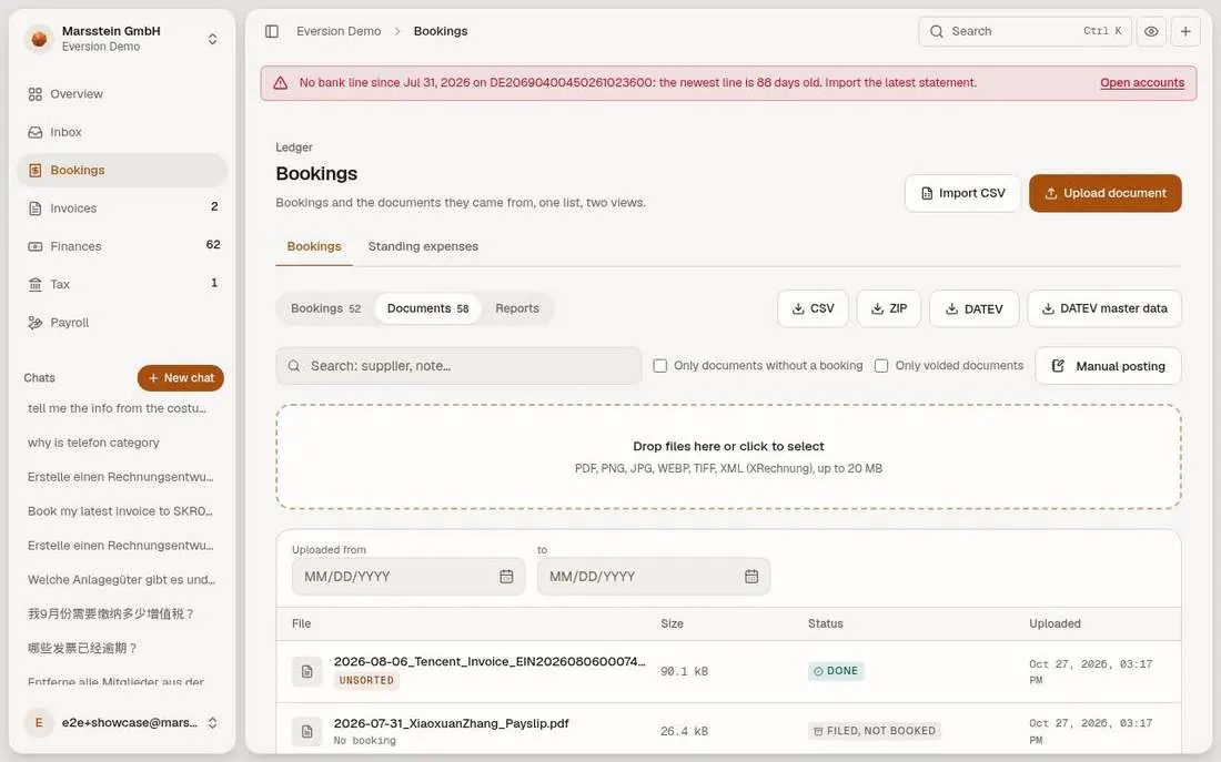 Drop zone and list of uploaded documents