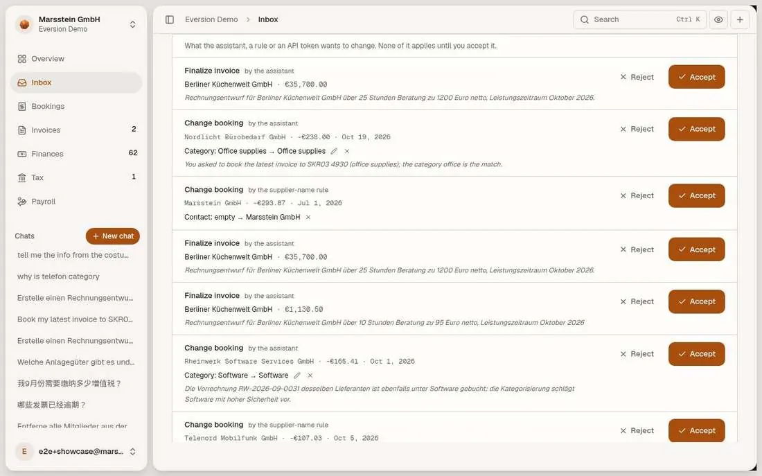 Open proposals: Finalize invoice, Change booking