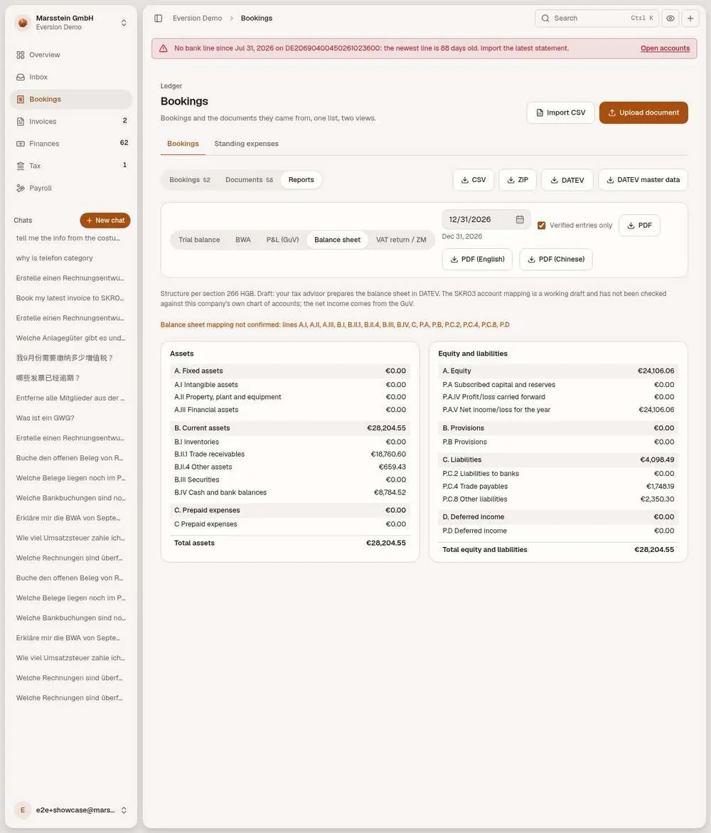 Balance sheet draft, structure per § 266 HGB