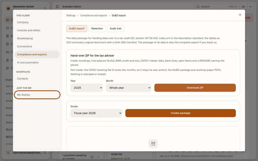 GoBD export: hand-over ZIP and data package