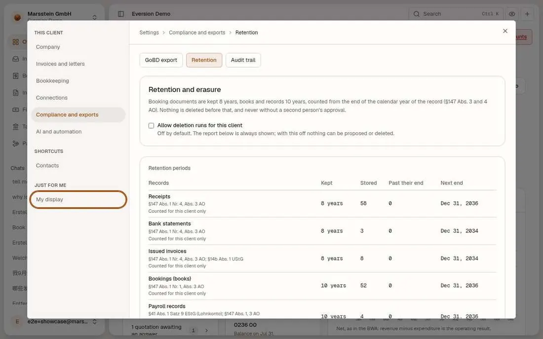 Retention periods per record class