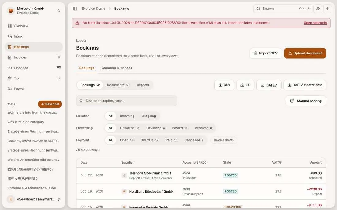 Bookings list with filters and export buttons