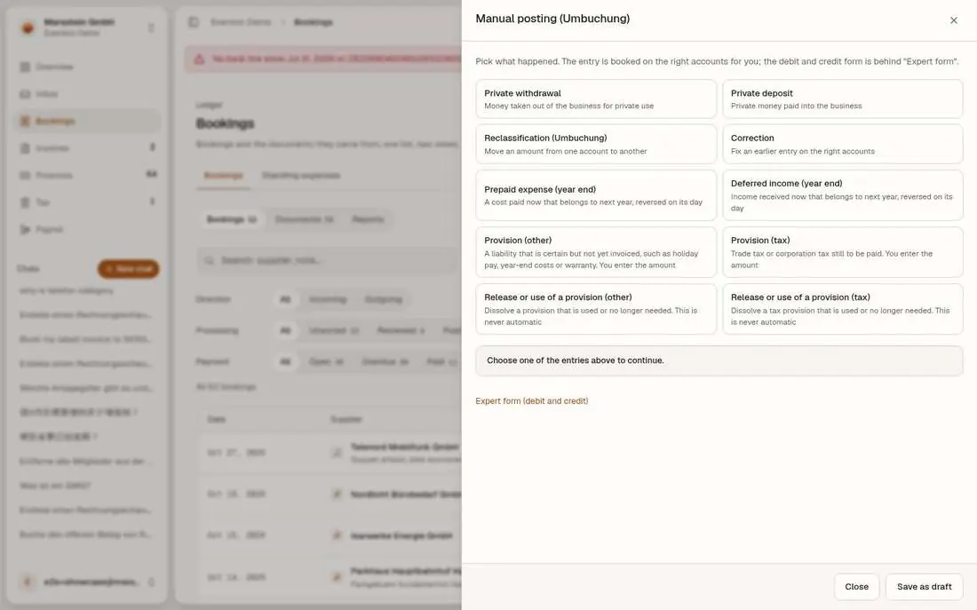 Manual posting (Umbuchung) with templates