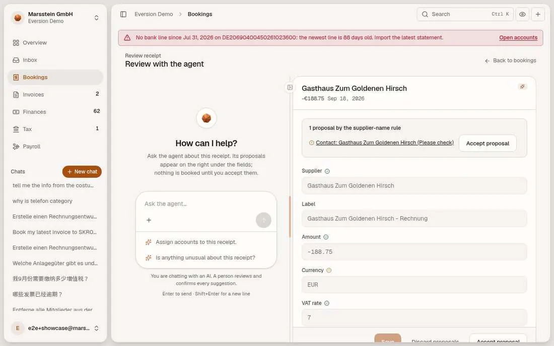 Chat on the left, receipt and proposal on the right