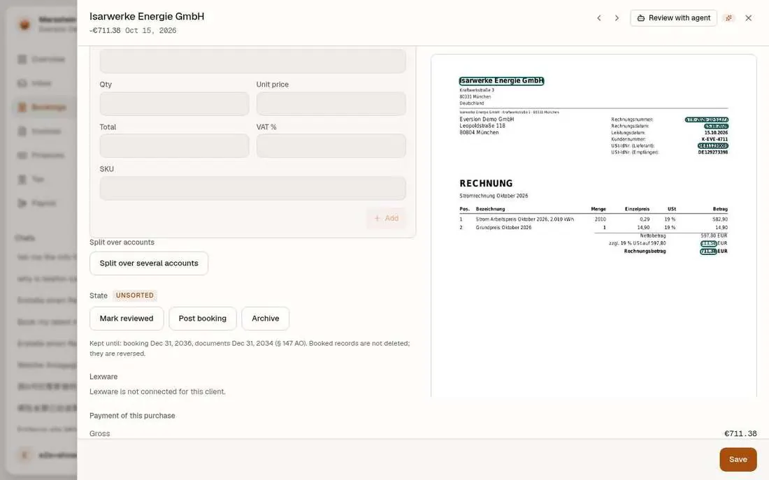 Split over several accounts, Mark reviewed, Post booking, Archive