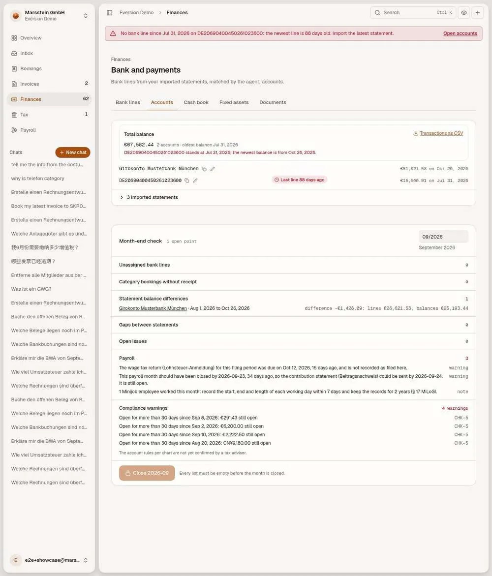 Accounts, month-end check, compliance warnings