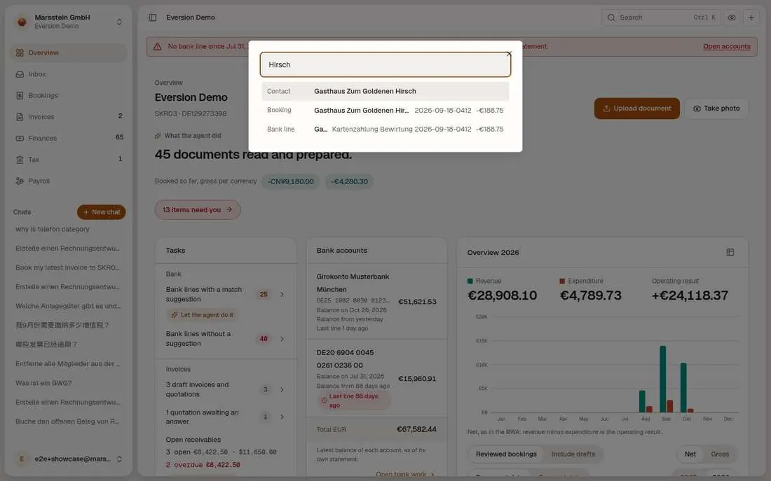 Ctrl+K search for Hirsch finds a contact, a booking and a bank line