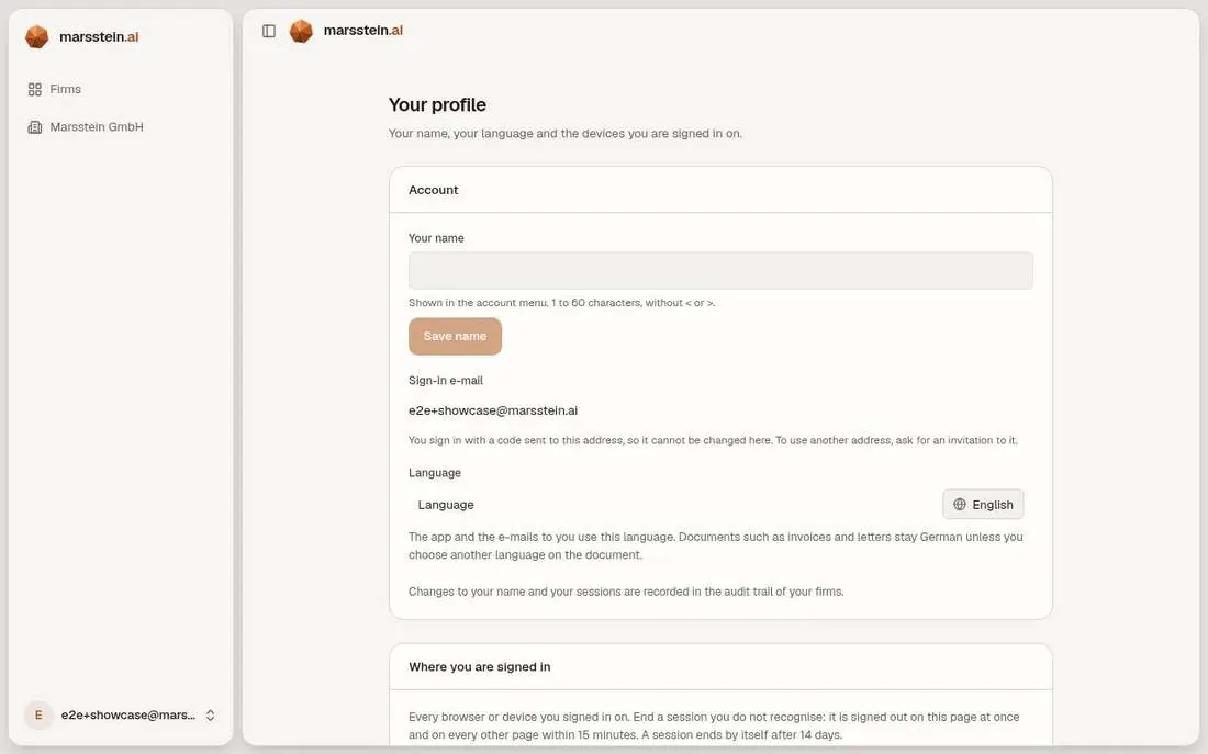 Profile: name, language, sessions